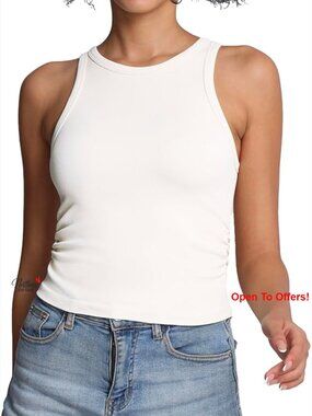 Ribbed Crop Tank Top High Crew Neck Nylon Blend Sleeveless Workout Yoga